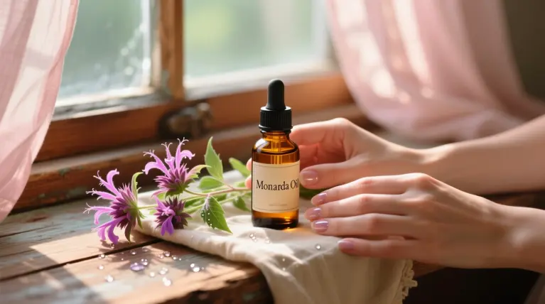 Ухоженные женские руки держат масло монарда для ухода за лицом стоящее на деревянном подоконнике. Веточки монарда лежат рядом.