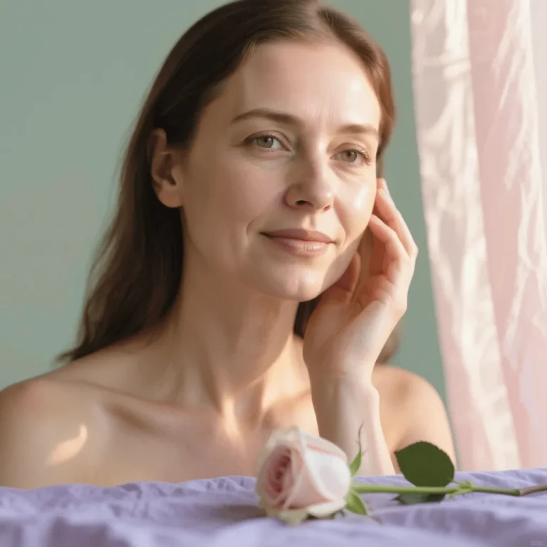 Уход за сухой кожей после 40, женщина ощупывает кожу после применения масла. Перед ней лежит роза