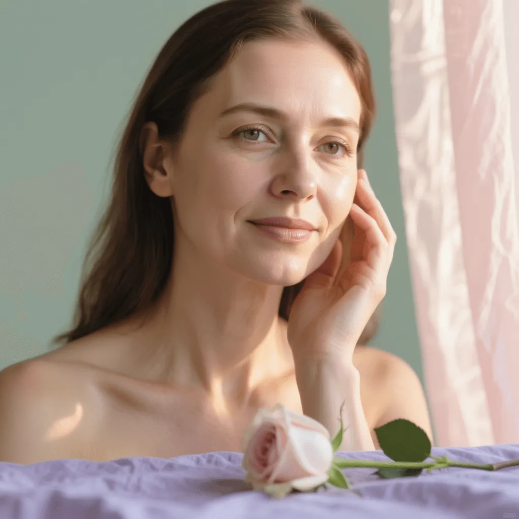 Уход за сухой кожей после 40, женщина ощупывает кожу после применения масла. Перед ней лежит роза
