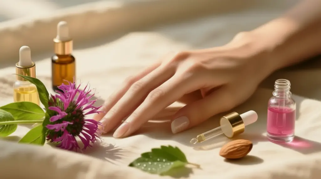 Женская рука в окружении различных масел: монарда, миндаля, кокоса и жожобы