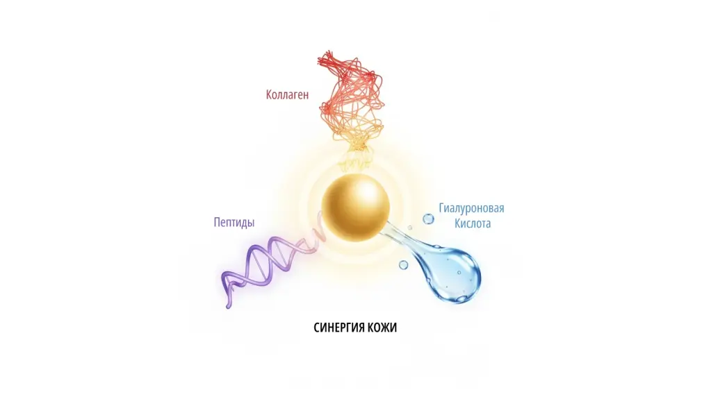 gzel38ru-sovmeshchenie-aktivov-kollagen-gialuronka Схема синергии пептидов, коллагена и гиалуроновой кислоты в антивозрастном уходе после 40