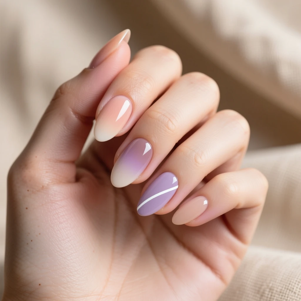 Нюдовый маникюр на миндалевидных ногтях с миксом техник: вертикальное омбре персиком на указательном, горизонтальный градиент в пыльно-лавандовый на среднем, и тонкая белая диагональная линия. Остальные ногти — гладкие бежево-розовые. Натуральный свет, гармония с тоном кожи.