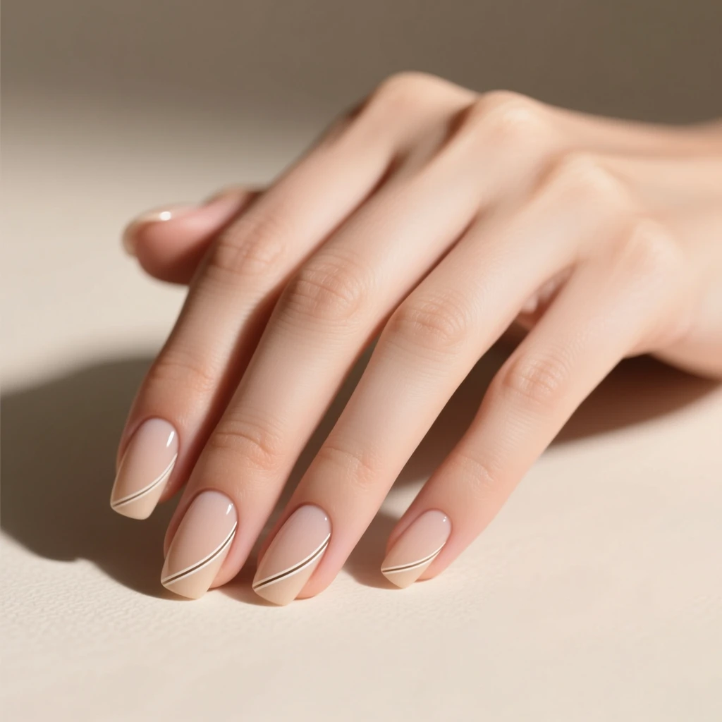 Нюдовый маникюр 2024 на миндалевидных ногтях молочная база с глянцем, ухоженные кутикулы. Нежная золотая полоска у кутикулы.