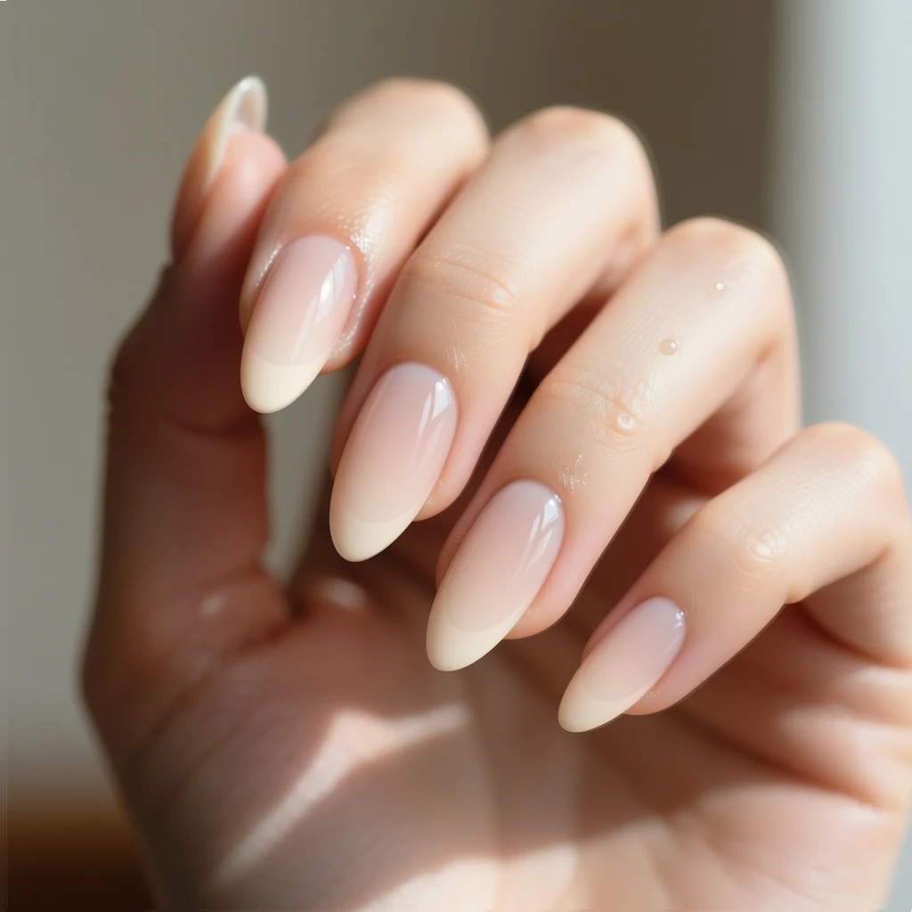 Современный нюдовый френч на миндалевидных ногтях — прозрачная база с мягким бежевым градиентом на кончиках, без белых линий. Элегантный, натуральный маникюр в стиле "ногти, но лучше".