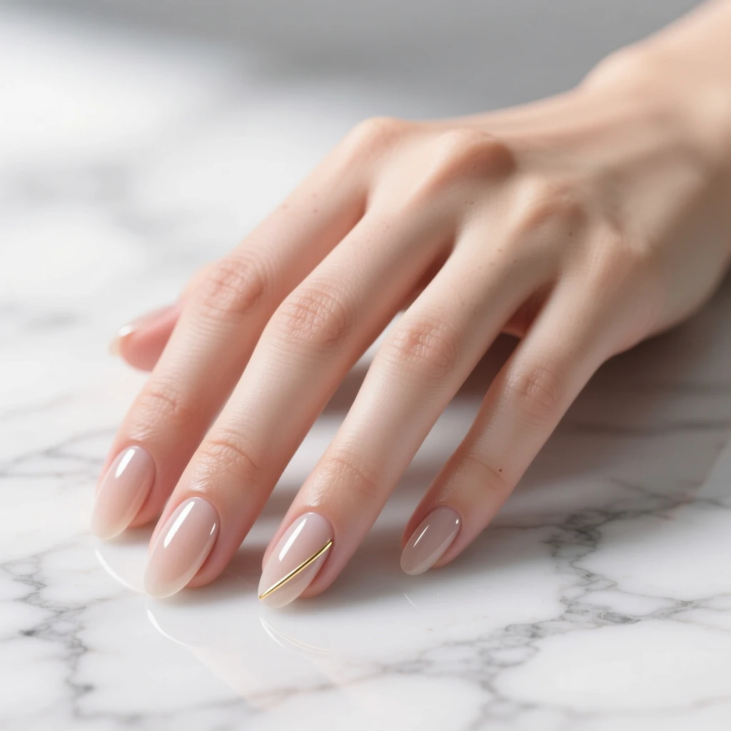 Ухоженных женских рук с элегантным минималистичным нюдовым маникюром: нежно-бежевые ногти с тёплым подтоном, ультратонкие золотые или белые линии