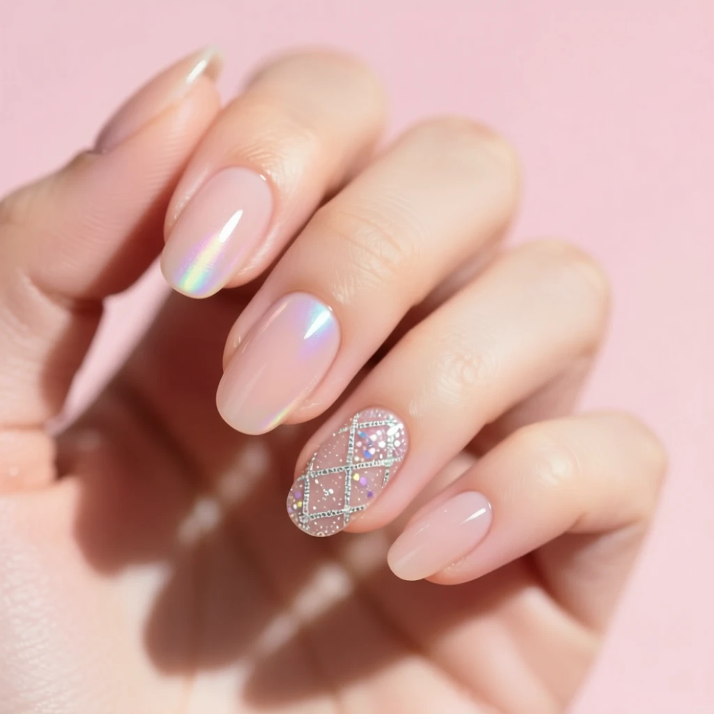 Нюдовые ногти с дизайном будут выглядеть особенно актуально благодаря деликатному блеску, лёгкому шиммеру или жемчужному переливу. Такой эффект добавляет ногтям свежести и нежности, подчёркивая красоту рук.