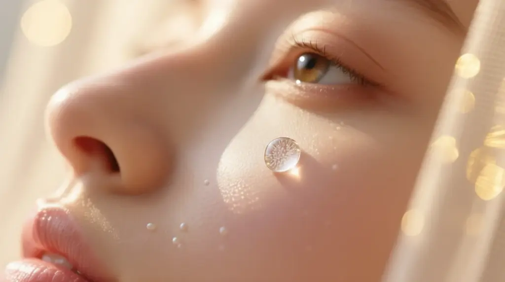 Сияющая капля сыворотки с микроиглами на ухоженной коже — мягкий и эффективный домашний уход.