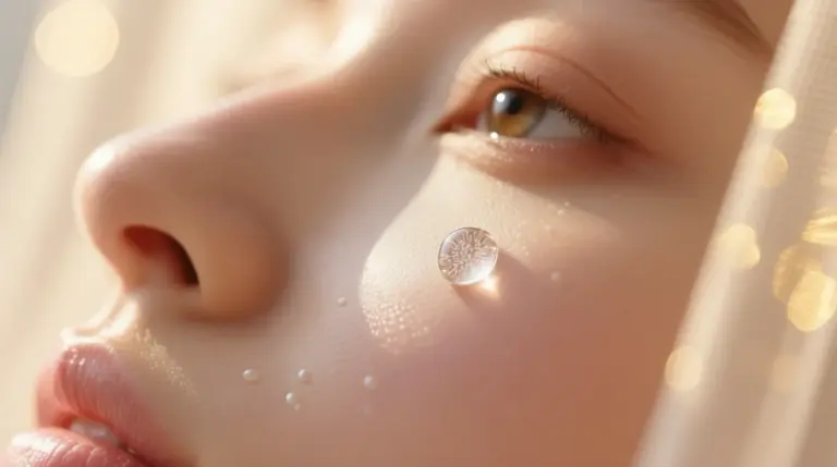 Сияющая капля сыворотки с микроиглами на ухоженной коже — мягкий и эффективный домашний уход