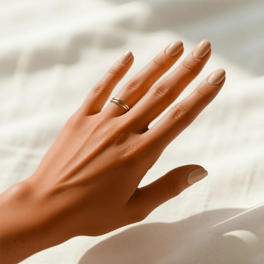 Женская рука с нюдовым матовым маникюром и тонким золотым кольцом на фоне льняной ткани. Естественное освещение, мягкие тени, текстура кожи. Идеально для повседневного стиля, офиса или свадебного образа.