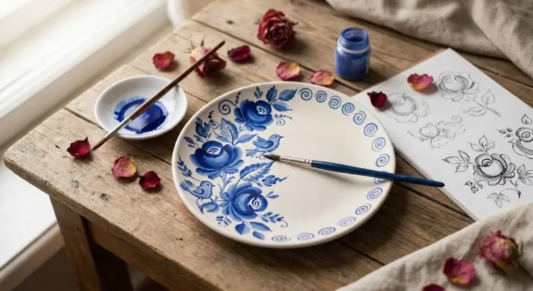 баннер статьи с росписью тарелки гжели на столе