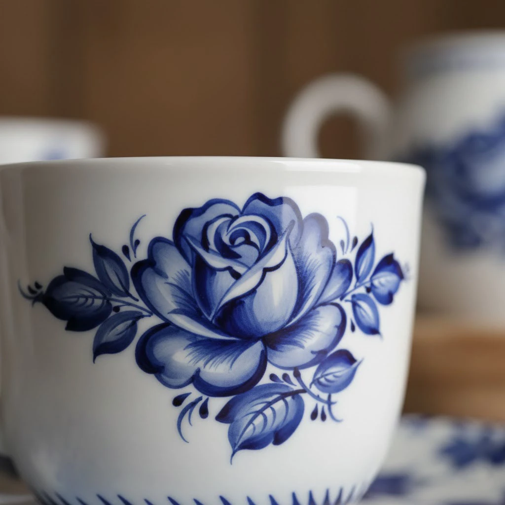 чашка с узором гжельской розы